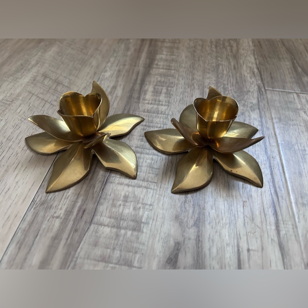 Mid Century Modern brass Gold tone Flower metal Candle Holders made in India